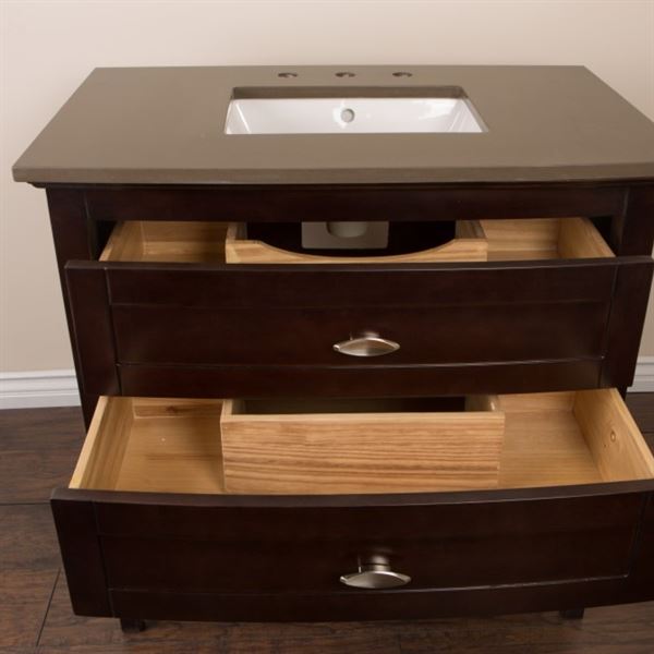 30 in Single sink vanity in sable walnut with quartz top in Taupe
