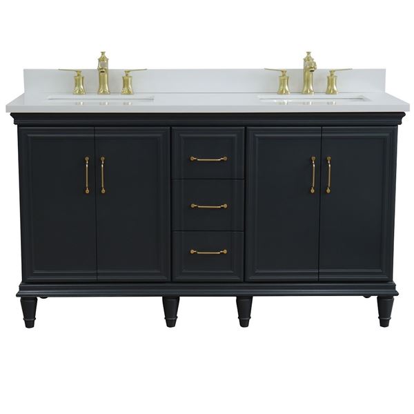 61" Double sink vanity in Dark Gray finish and White quartz and rectangle sink
