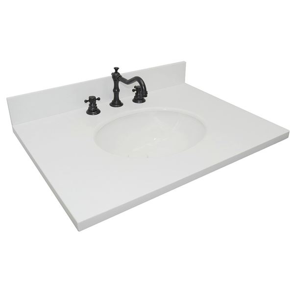 31 in. White Quartz Top with Single White Ceramic Oval Sink