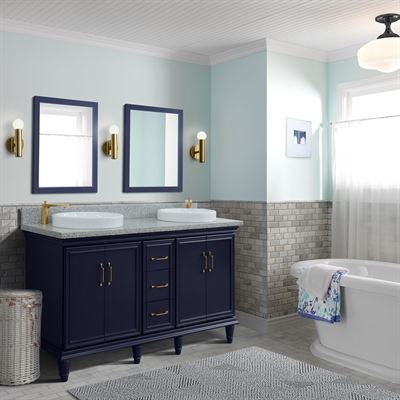 61" Double sink vanity in Blue finish and Gray granite and round sink