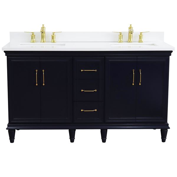 61" Double sink vanity in Blue finish and White quartz and rectangle sink