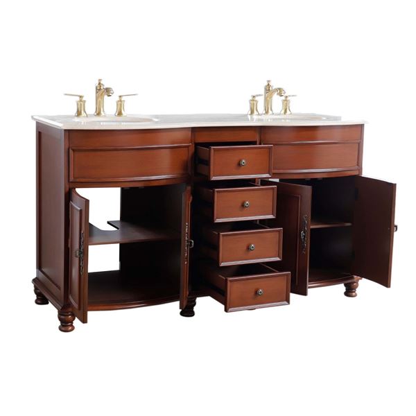 62 in Double sink vanity Walnut finish in Cream Marble top