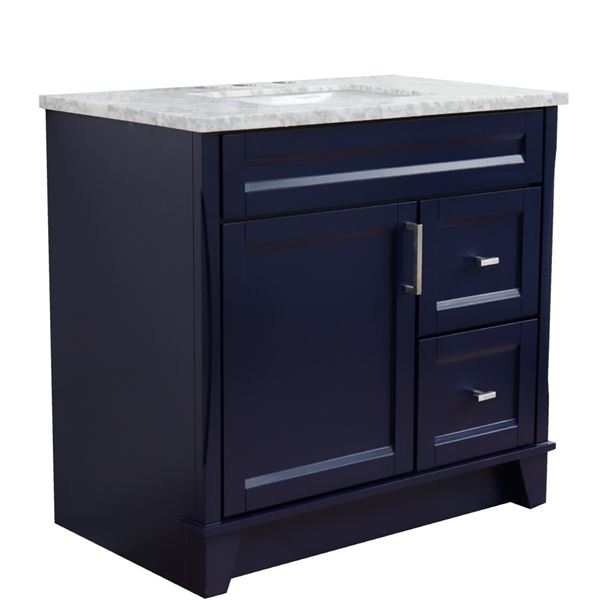 37" Single vanity in Blue finish with White Carrara and rectangle sink- Left door/Center sink