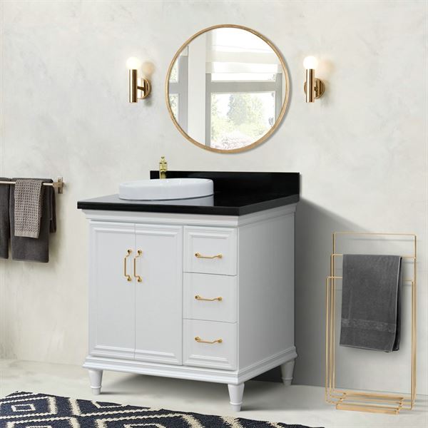 37" Single vanity in White finish with Black galaxy and round sink- Left door/Left sink