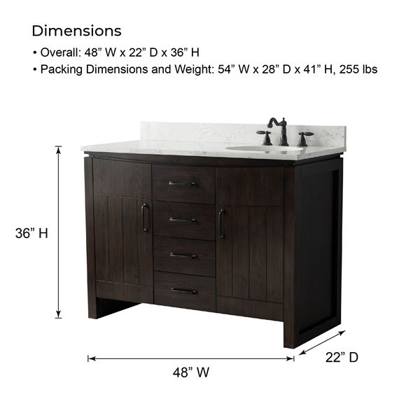 48 in. Single Sink Vanity Natural Fir Wood Veneer, Dark Walnut Finish, Cararra Engineered Stone Top