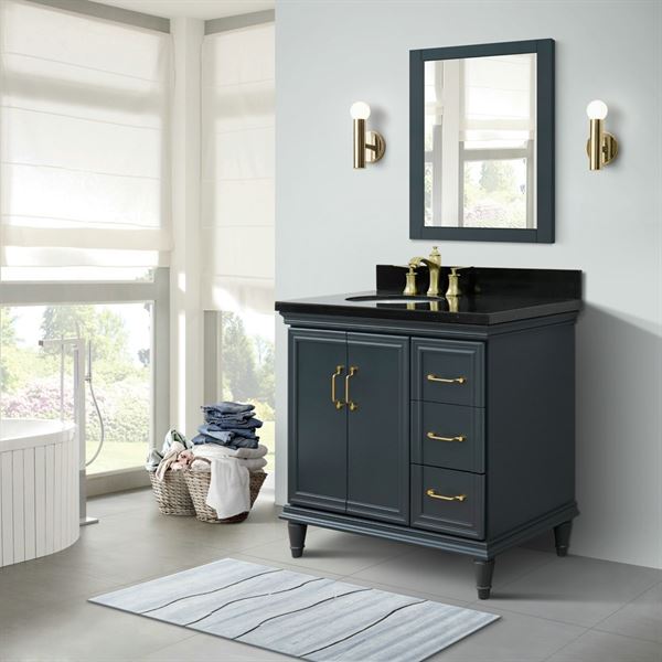 37" Single vanity in Dark Gray finish with Black galaxy and oval sink- Left door/Left sink