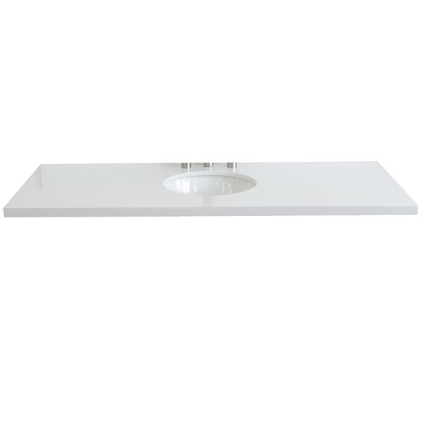 61 in. White Quartz Top with Single White Ceramic Oval Sink