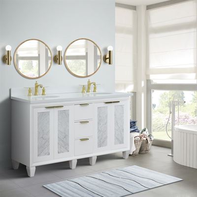 61" Double Sink Vanity in White Finish With White Quartz and Oval Sink
