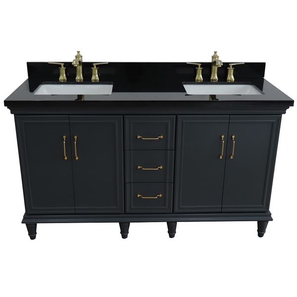 61" Double sink vanity in Dark Gray finish and Black galaxy granite and rectangle sink