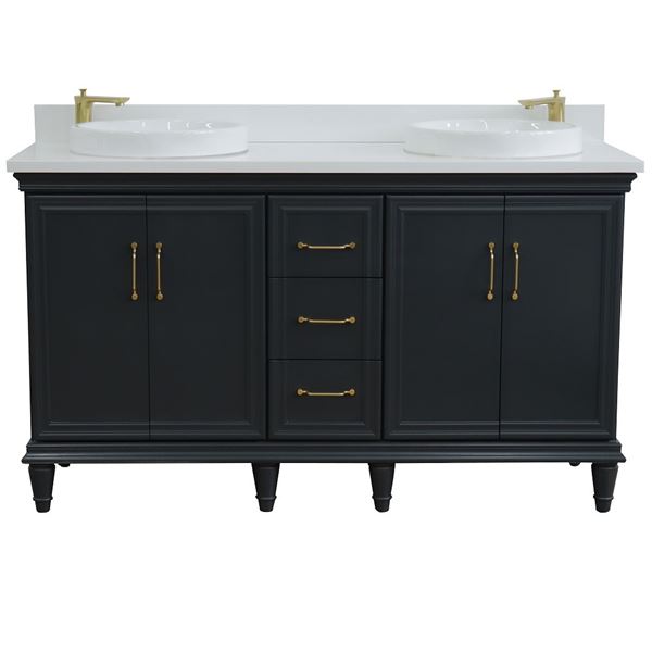 61" Double sink vanity in Dark Gray finish and White quartz and round sink