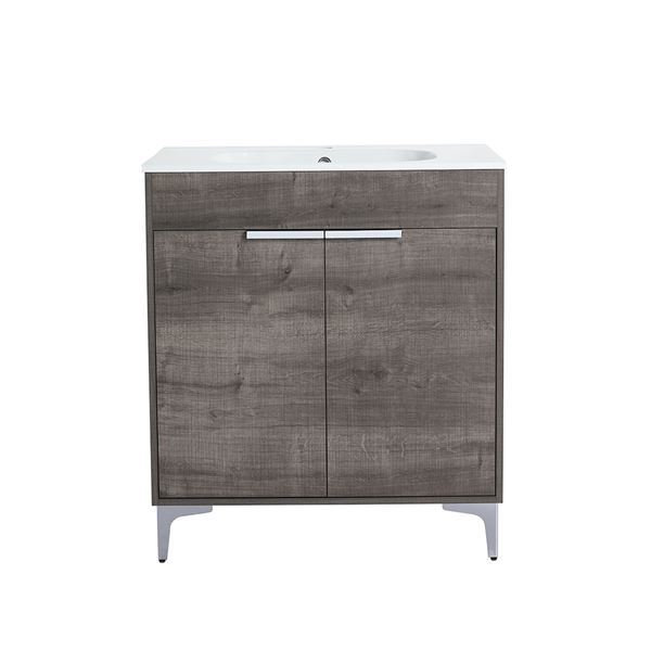 30 in. Single Vanity in Gray Oak finish with Solid Surface Resin White Sink