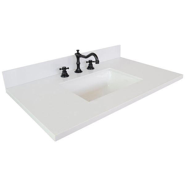 37 in. White Quartz Top with Single White Ceramic Rectangular Sink