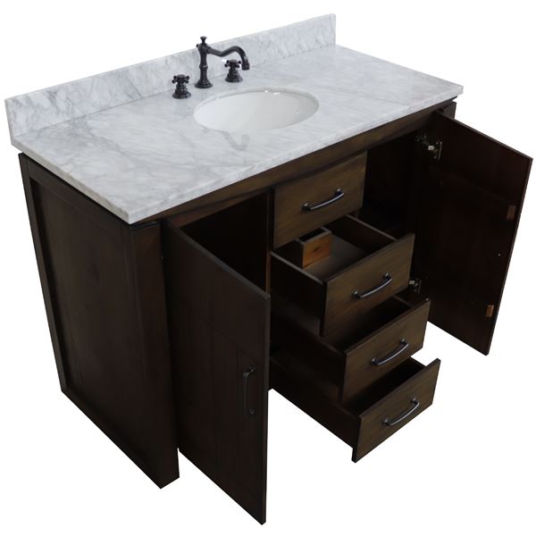 48 in Single Sink Vanity Rustic Wood Finish in White marble Top