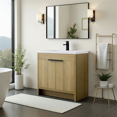 36 in. Single Vanity in Natural Oak finish with Solid Surface Resin White Sink