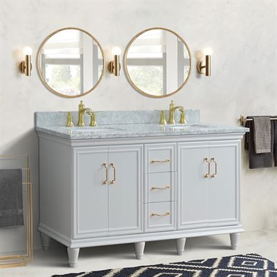 61" Double sink vanity in White finish and White carrara marble and rectangle sink