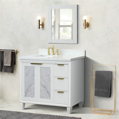 43" Single Vanity in White Finish With White Quartz and Rectangle Sink- Left Door/Left Sink