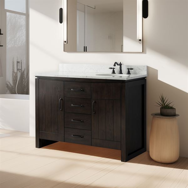 48 in. Single Sink Vanity Natural Fir Wood Veneer, Dark Walnut Finish, Cararra Engineered Stone Top