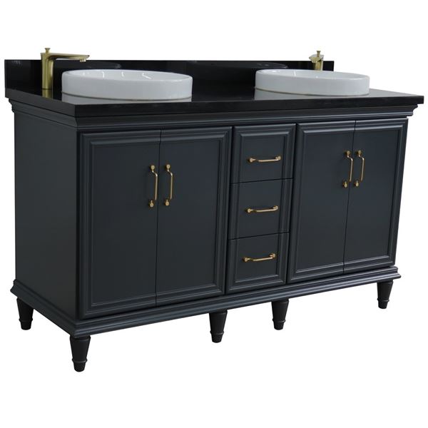 61" Double sink vanity in Dark Gray finish and Black galaxy granite and round sink