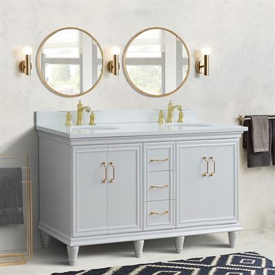 61" Double sink vanity in White finish and White quartz and oval sink