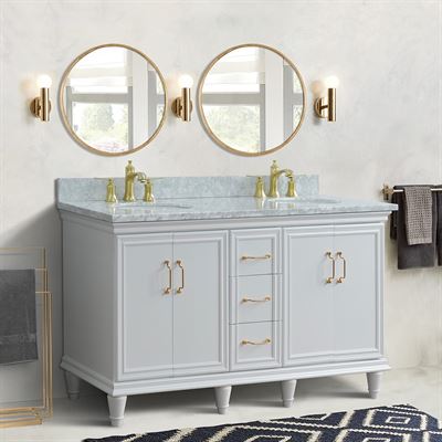 61" Double sink vanity in White finish and White carrara marble and oval sink