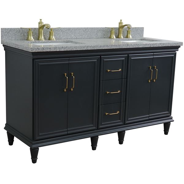 61" Double sink vanity in Dark Gray finish and Gray granite and rectangle sink