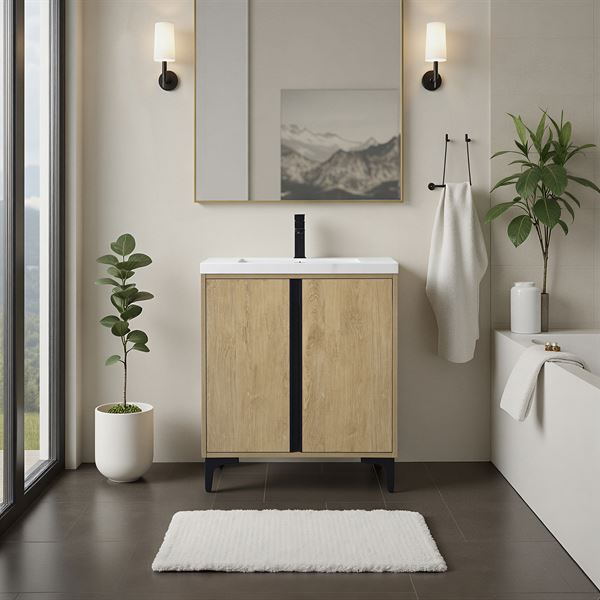 30 in. Single Vanity in Natural Oak finish with Solid Surface Resin White Sink