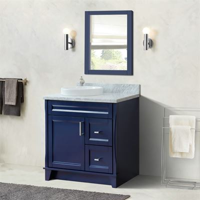37" Single vanity in Blue finish with White Carrara and round sink- Left door/Left sink