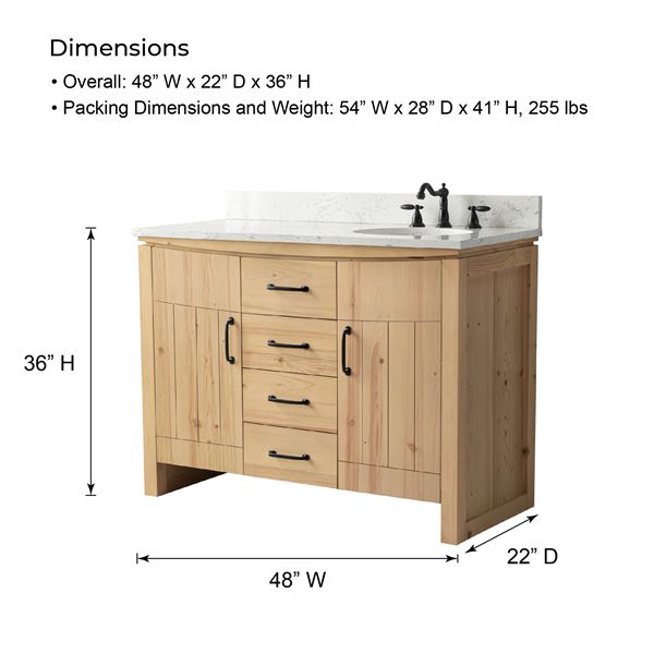 48 in. Single Sink Vanity Natural Fir Wood Veneer, Natural Finish, Cararra Engineered Stone Top