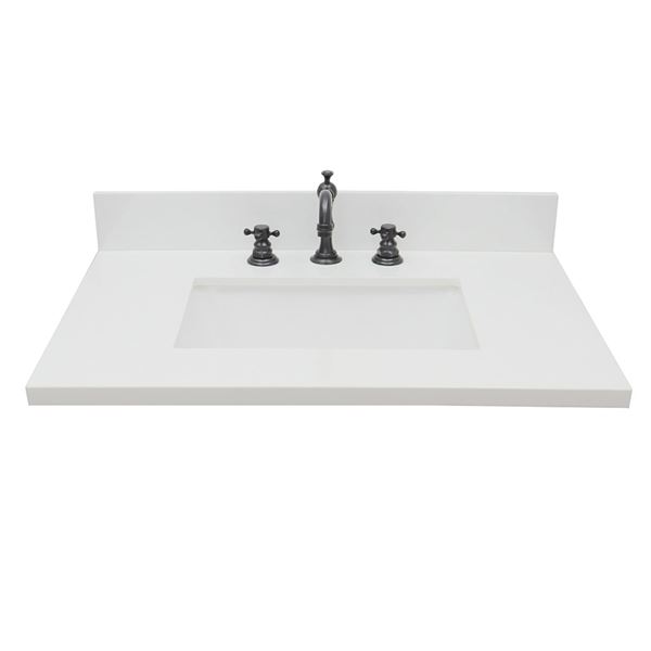 31 in. White Quartz Top with Single White Ceramic Rectangular Sink