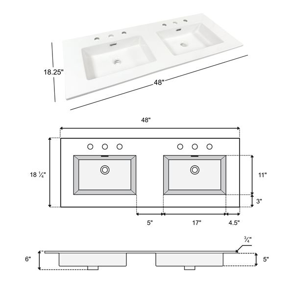 48 in. Double Ceramic Sink Top with 3-hole Faucet Holes