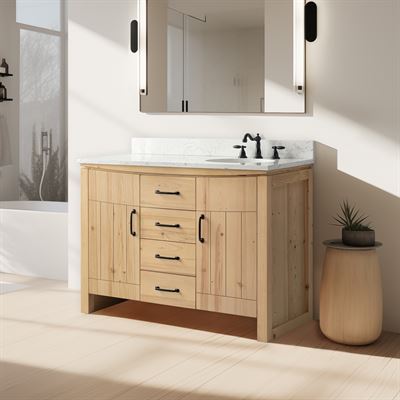 48 in. Single Sink Vanity Natural Fir Wood Veneer, Natural Finish, Cararra Engineered Stone Top