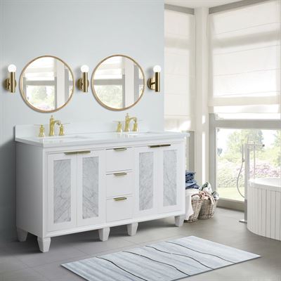 61" Double Sink Vanity in White Finish With White Quartz and Rectangle Sink