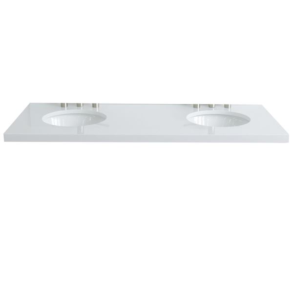 61 in. White Quartz Top with Double White Ceramic Oval Sinks