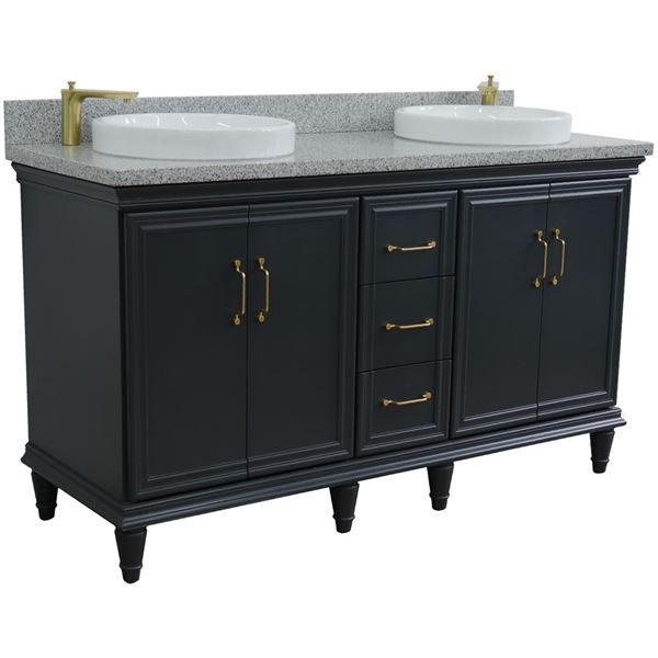 61" Double sink vanity in Dark Gray finish and Gray granite and round sink