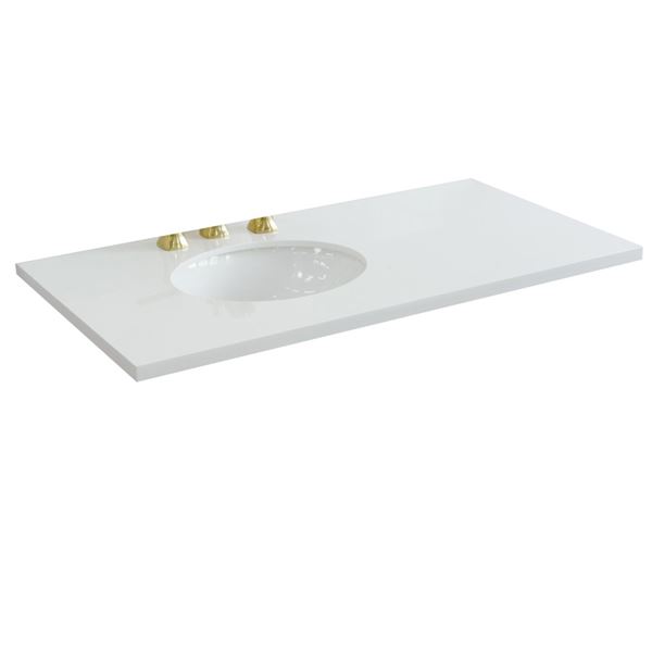 43 in. White Quartz Top with Single White Ceramic Oval Left Sink