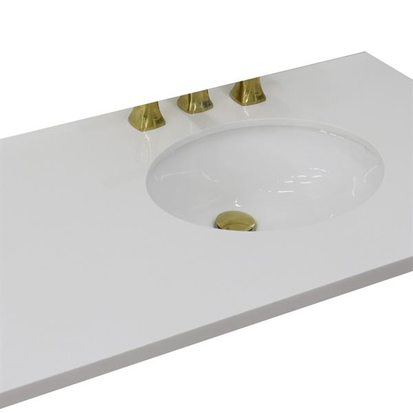 43 in. White Quartz Top with Single White Ceramic Oval Right Sink