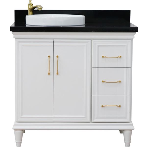 37" Single vanity in White finish with Black galaxy and round sink- Left door/Left sink