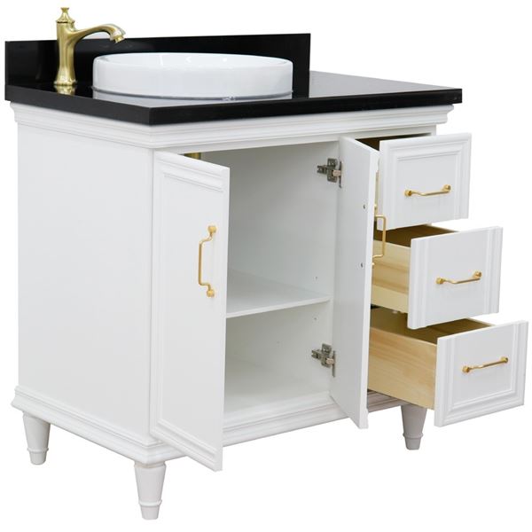 37" Single vanity in White finish with Black galaxy and round sink- Left door/Left sink