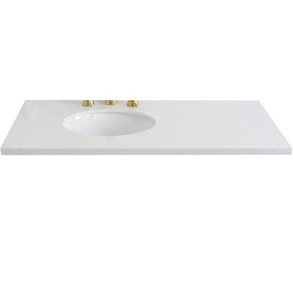 43 in. White Quartz Top with Single White Ceramic Oval Left Sink