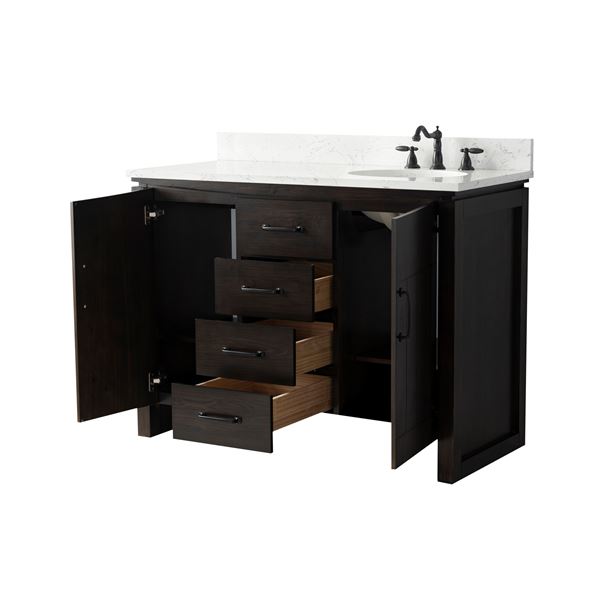 48 in. Single Sink Vanity Natural Fir Wood Veneer, Dark Walnut Finish, Cararra Engineered Stone Top