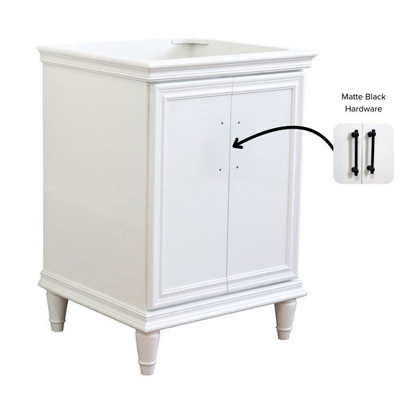 24" Single Vanity in White Finish- Cabinet Only- Black Handles