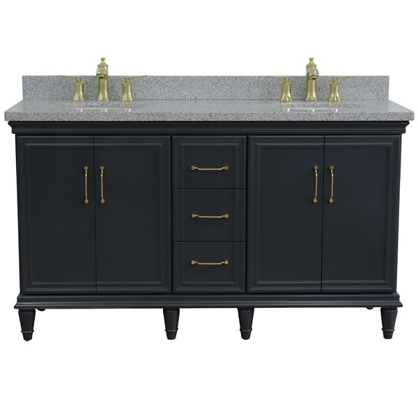 61" Double sink vanity in Dark Gray finish and Gray granite and oval sink