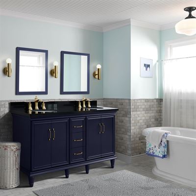 61" Double sink vanity in Blue finish and Black galaxy granite and oval sink
