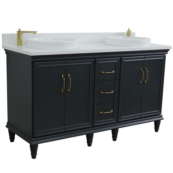 61" Double sink vanity in Dark Gray finish and White quartz and round sink