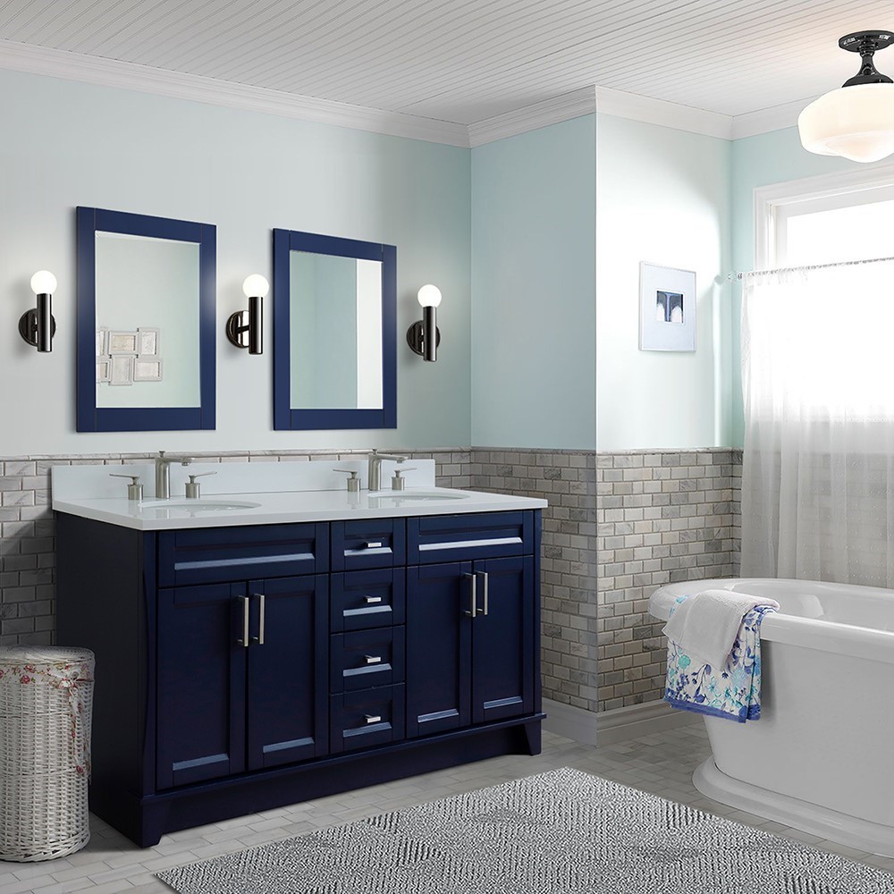 Bellaterra Homecom Bathroom Vanities Vanities 61 Double Sink Vanity In Blue Finish And White Quartz And Oval Sink