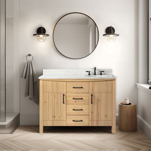 48 in. Single Sink Vanity Natural Fir Wood Veneer, Natural Finish, Cararra Engineered Stone Top