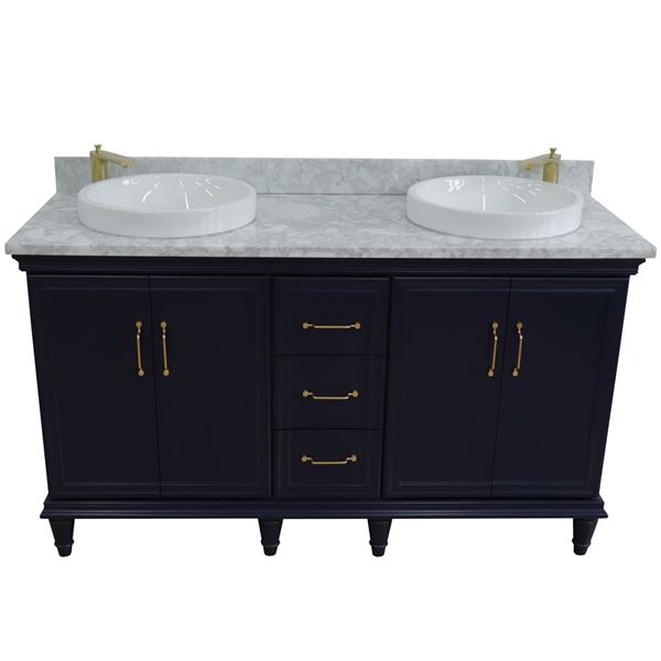 61" Double sink vanity in Blue finish and White carrara marble and round sink