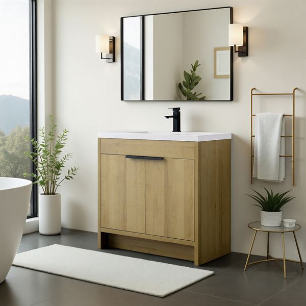36 in. Single Vanity in Natural Oak finish with Solid Surface Resin White Sink
