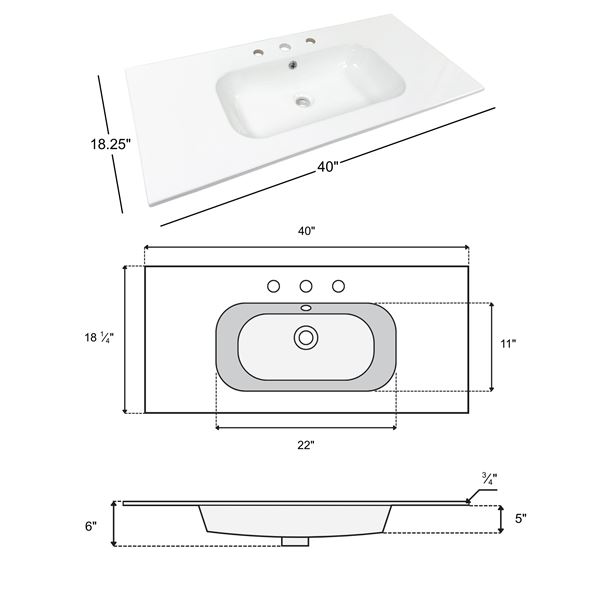 40 in. Single Ceramic Sink Top with 3-hole Faucet Holes
