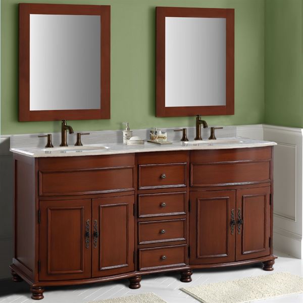 63 in Double sink vanity Walnut finish in Travertine top